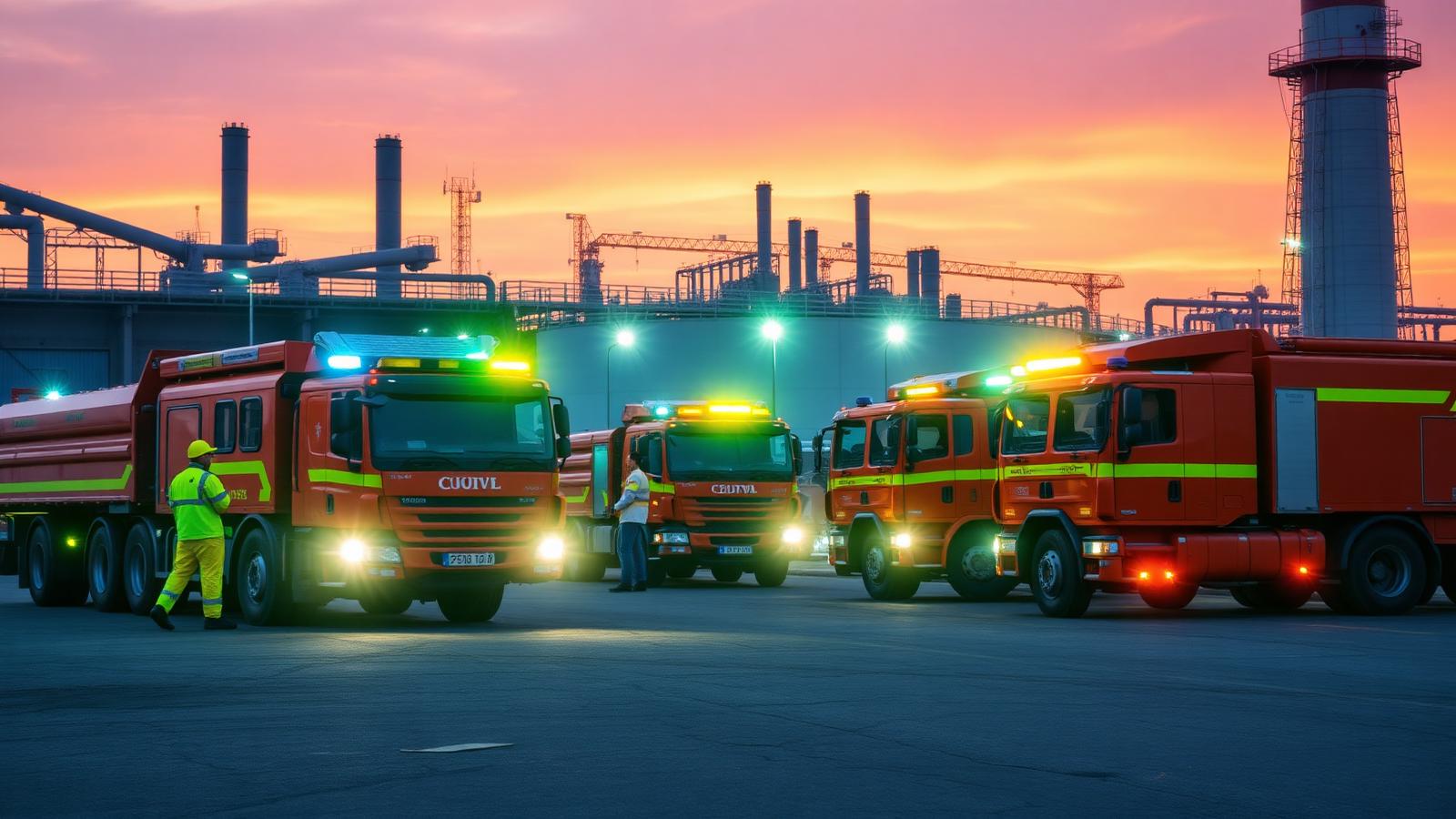 Frota de resposta a emergências ambientais em planta industrial ao amanhecer — análise do caso Ambipar