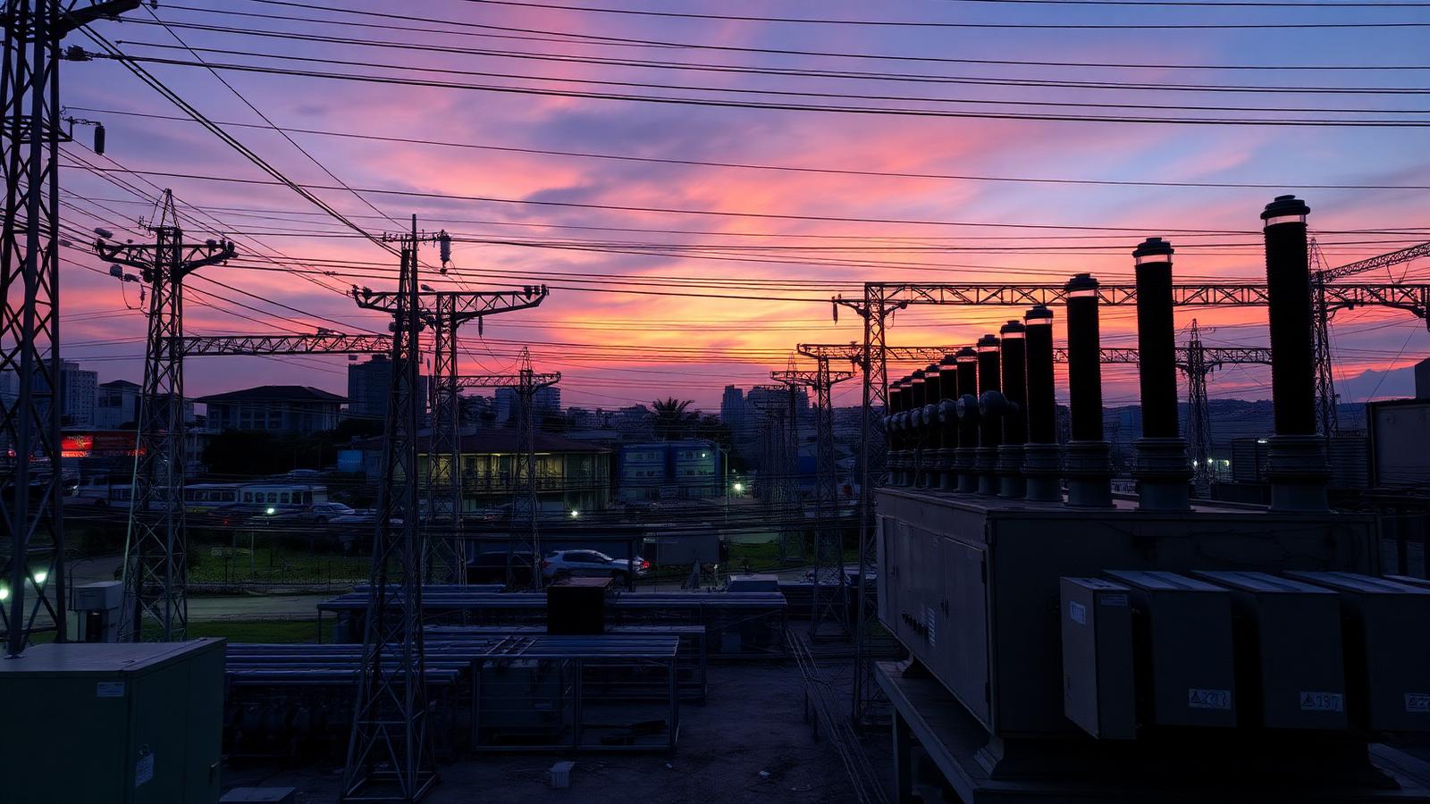 Subestação e rede de distribuição de energia elétrica ao entardecer — análise do caso Light
