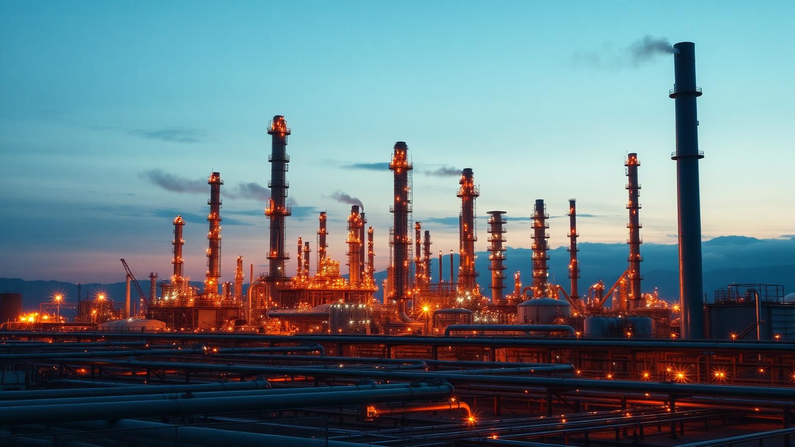 Planta petroquímica com torres de destilação ao crepúsculo — análise do passivo extracontábil da Braskem