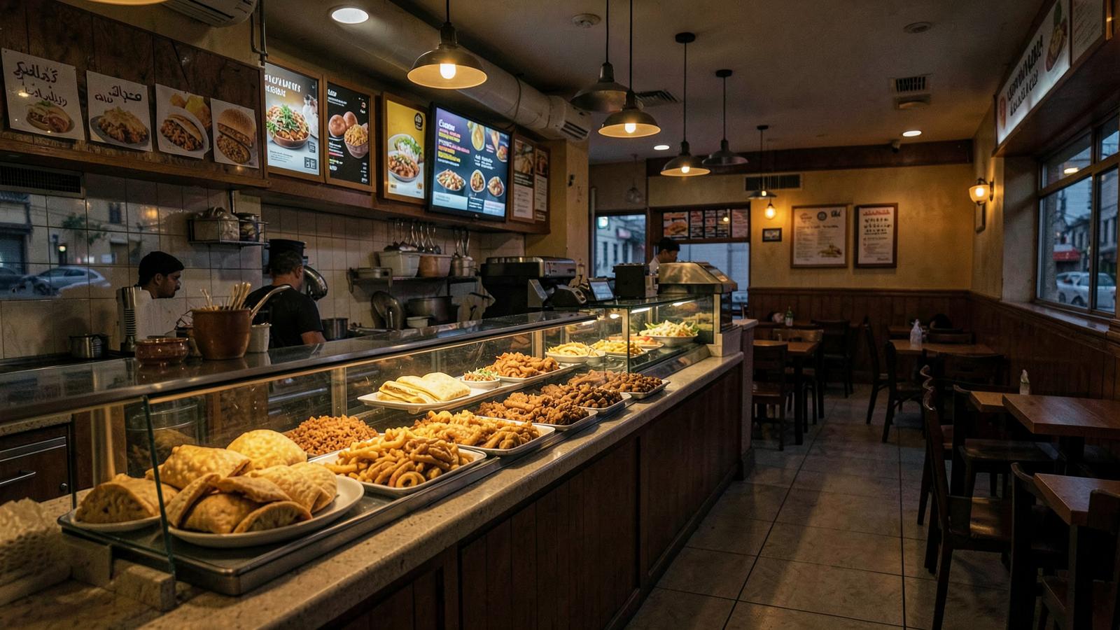 Balcão de restaurante de comida árabe com esfihas em exposição ao anoitecer — análise do caso Habib's