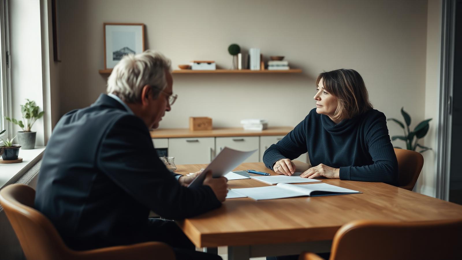 Duas gerações de uma empresa familiar conversando sobre documentos