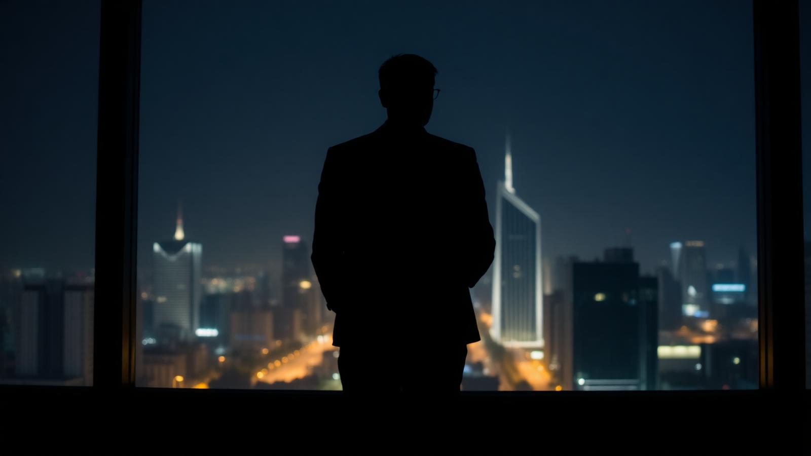 Silhueta de empresário sozinho diante da janela olhando a cidade à noite