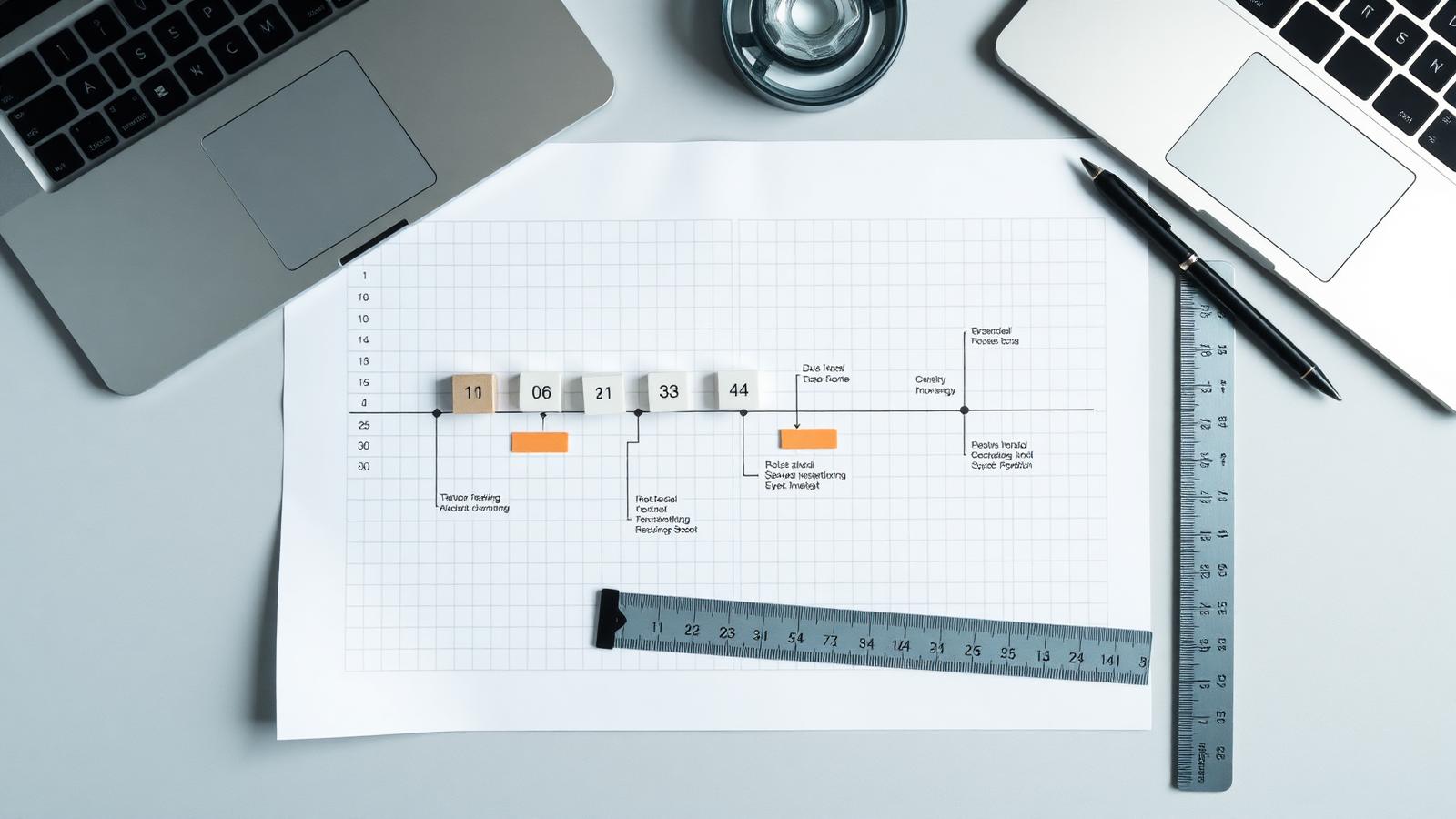 Plano de projeto com linha do tempo desenhada sobre papel milimetrado