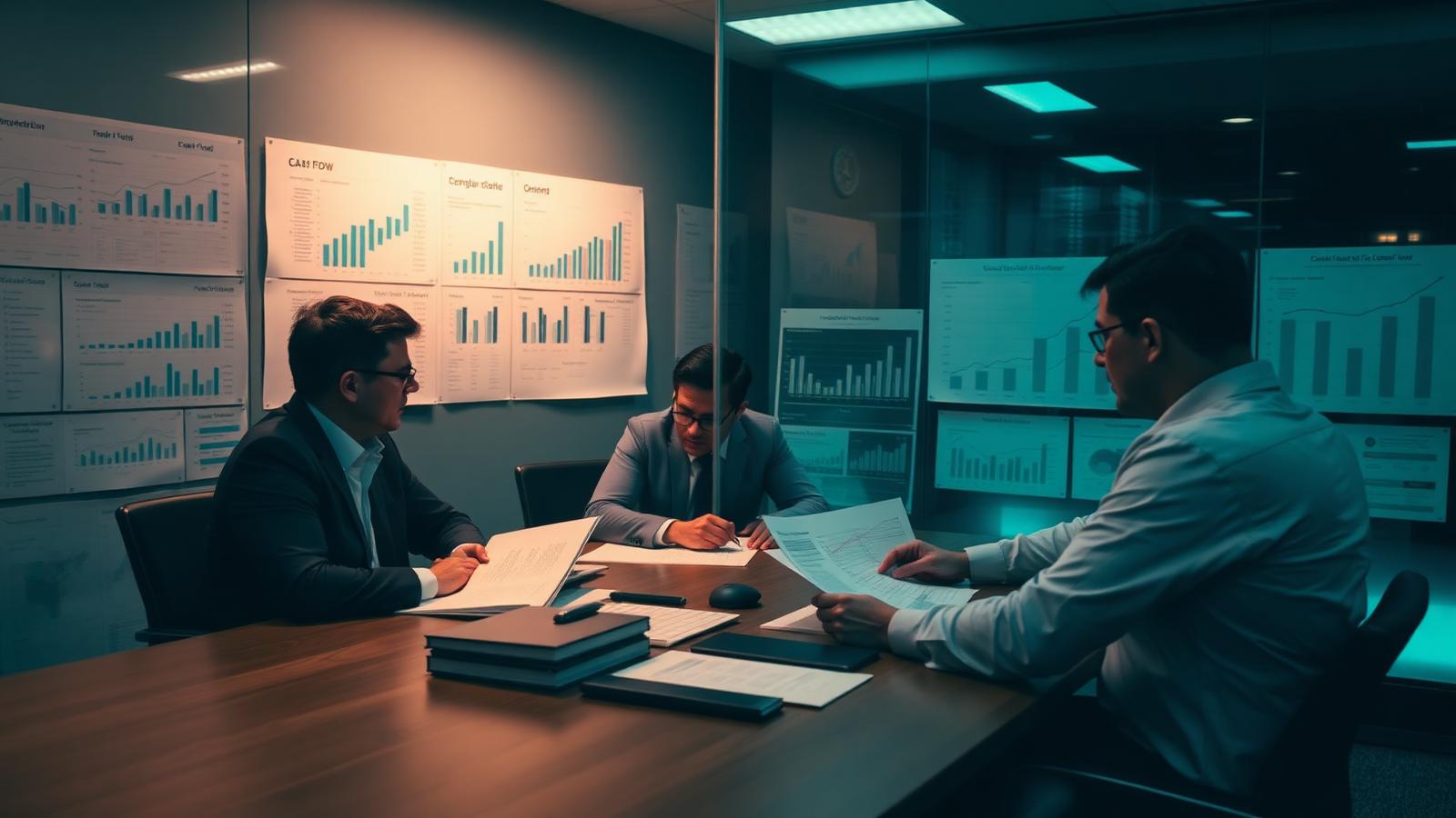 Comitê de crise reunido à noite analisando relatórios de fluxo de caixa