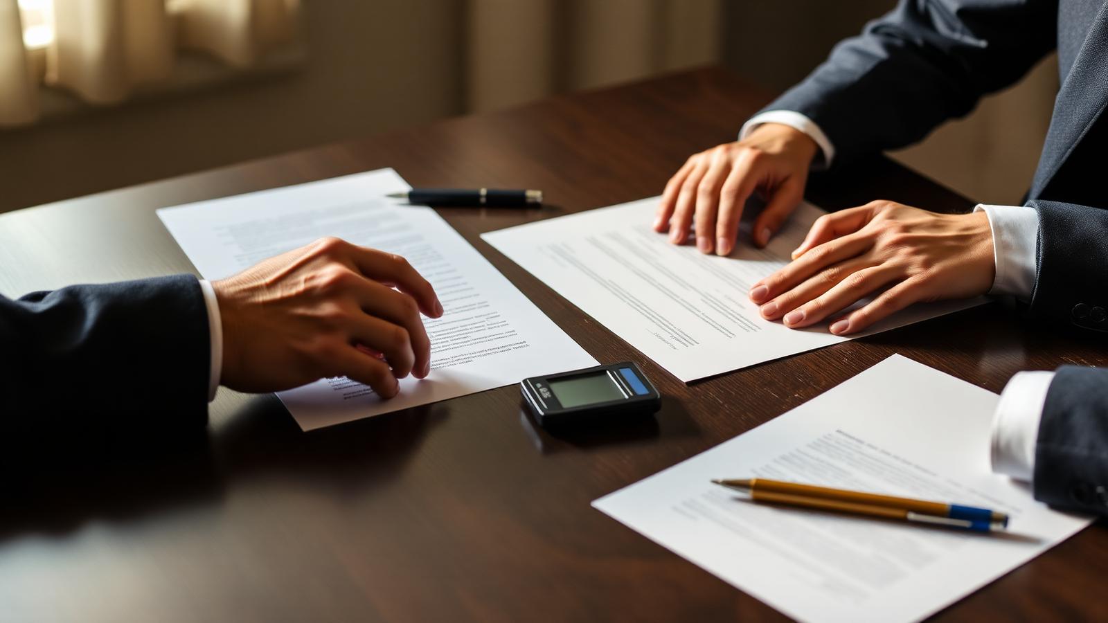 Mãos de duas partes sobre contratos em uma mesa de negociação