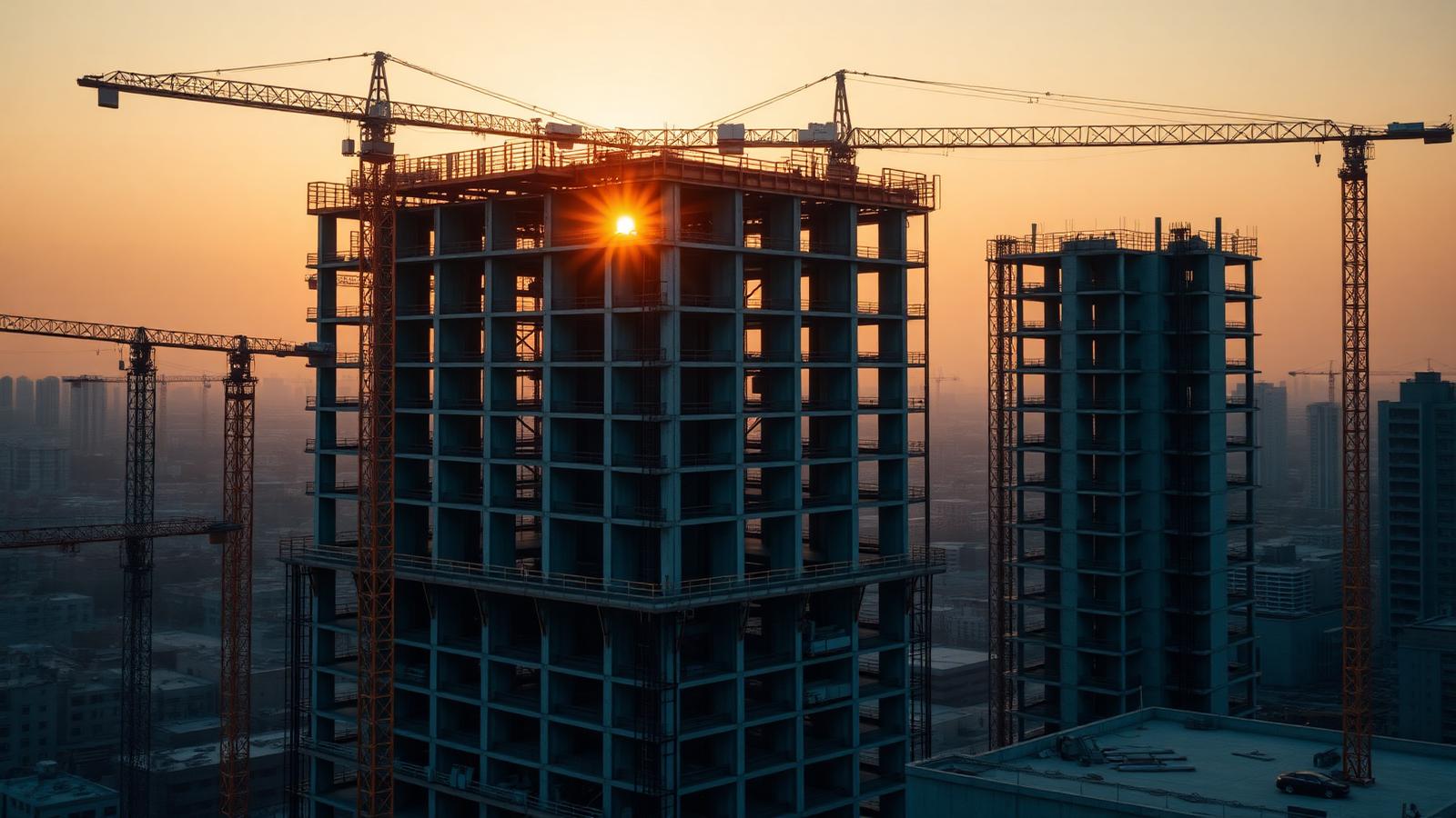 Edifício em construção com gruas ao amanhecer — reestruturação de incorporadoras e SPEs