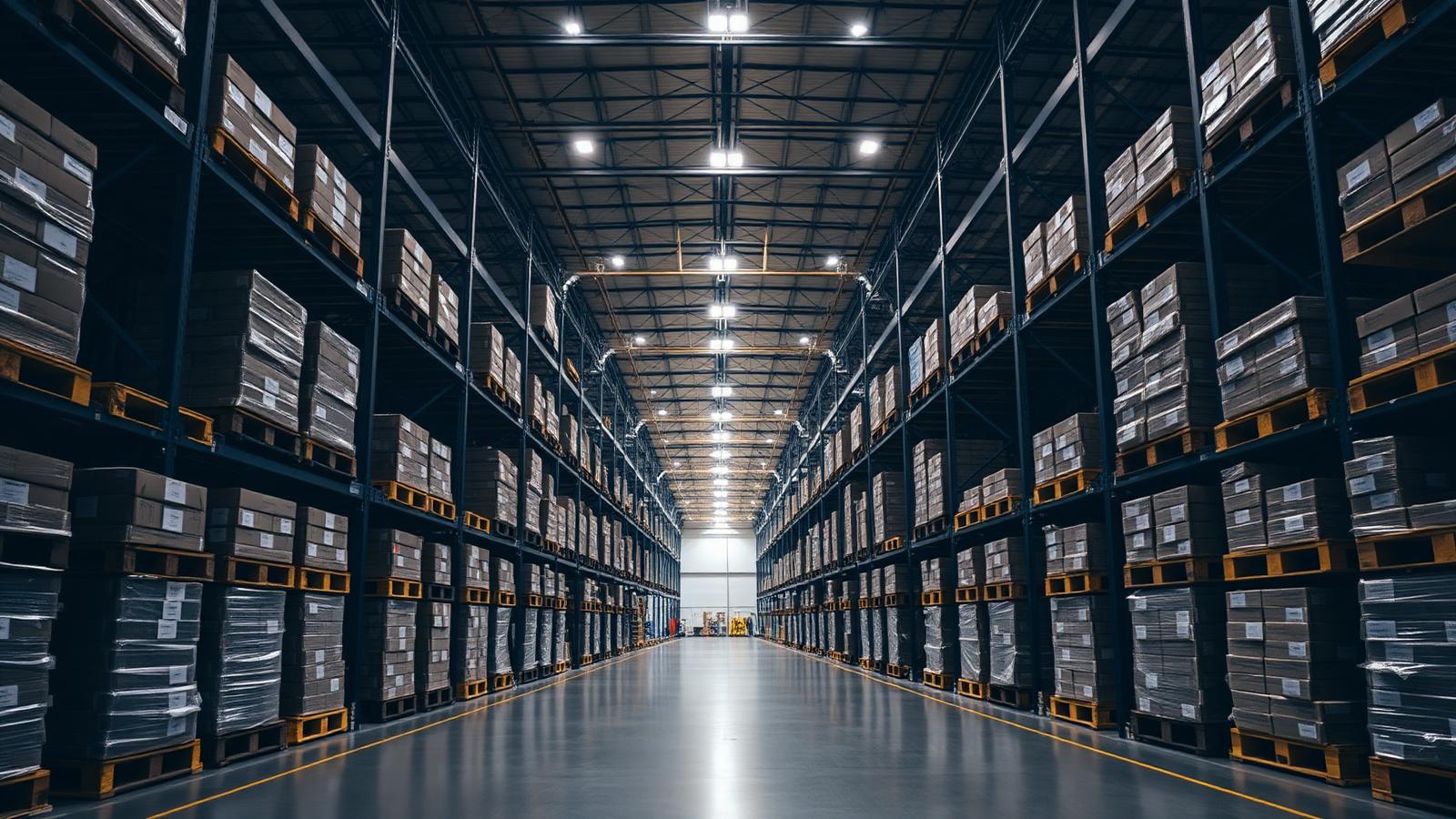Corredor de galpão de distribuição com paletes empilhados — capital de giro e funding para atacadistas